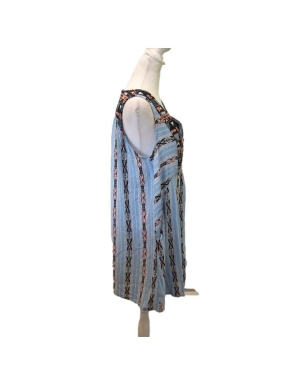 Umgee Size S sleeveless v-neck blue with Aztec print pullover dress pockets - Picture 2 of 10